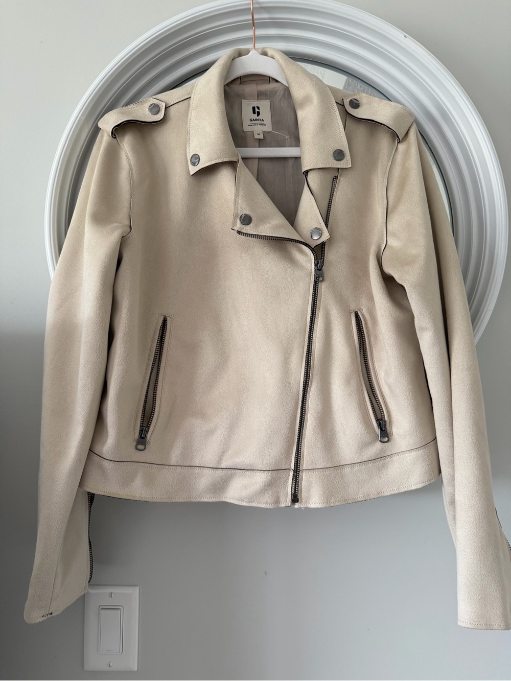 Garcia Cream Suede Moto Jacket - Asymmetrical Zip